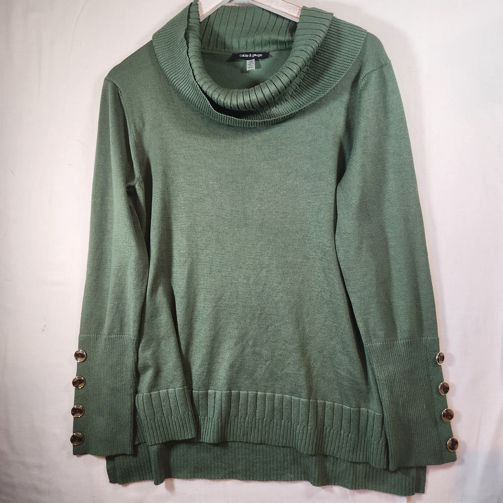 Cable & Gauge Sage Green Cowl Neck Sweater Button Cuff Accents Size Large